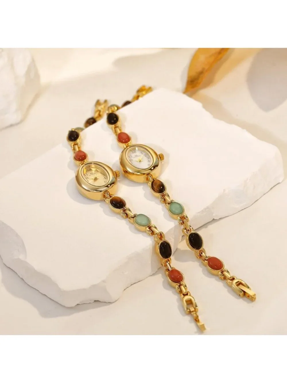 Elegant Vintage Gold Women's Watch with Jade Crystal, Dainty Silver Bracelet